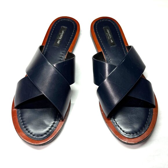 size 8/38 Lafayette 148 Vienna Womens Navy Leather Cross-Strap Slide Sandals - Picture 2 of 9
